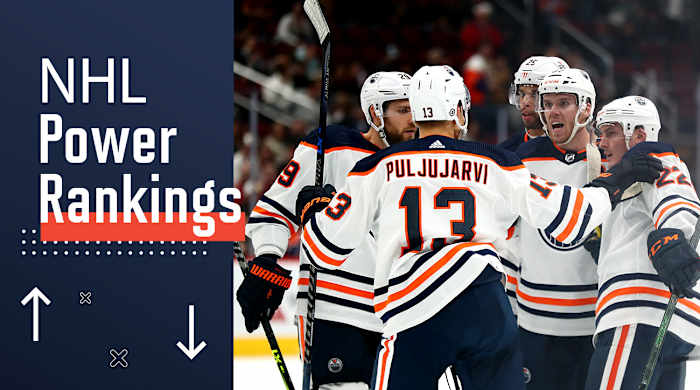 Connor McDavid celebrates a goal with his Oilers teammates.